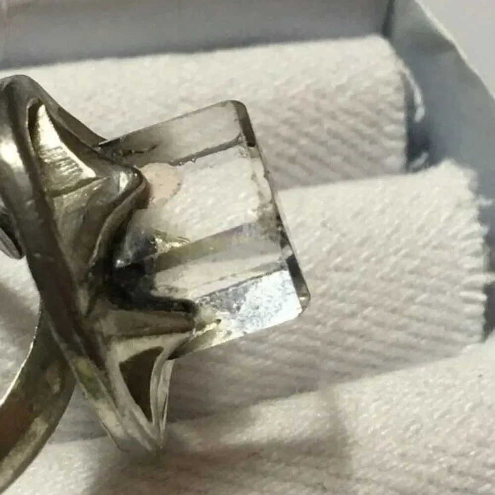 Vintage Silver Tone Blue Coated Glass Cube Ring Adjustable Band Size 7.25